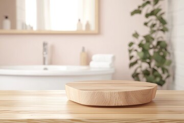 Wooden podium presenting showcasing beauty or wellness products on table in front of blurred bathroom sink and bathtub