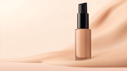 Realistic close-up of a foundation bottle with a detailed pump & smooth texture, elegant design of the packaging soft, neutral background