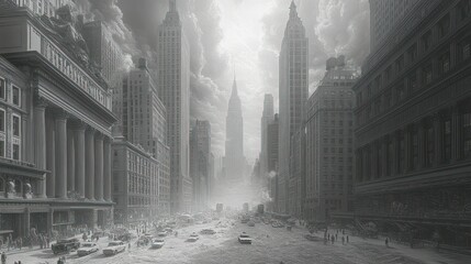 Fototapeta premium Gray, bustling cityscape, urban scene