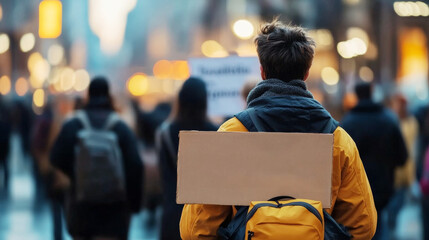 A young individual carries a blank sign amidst a bustling crowd, highlighting activism and engagement in a city setting.