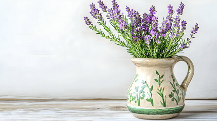 Lavender bouquet in rustic pitcher on wooden table, white background, calm atmosphere, ideal for relaxation or spa promotion