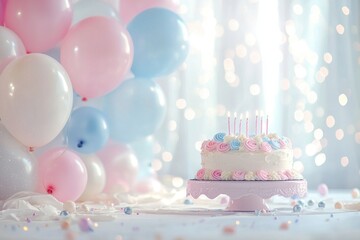 a delightful birthday cake adorned with lit candles, pastel balloons, and a soft bokeh background creating a cheerful atmosphere