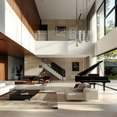 A modern spacious home interior with a grand piano