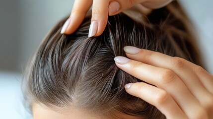 Fototapeta premium A woman gently touches her well-groomed hair after styling. 