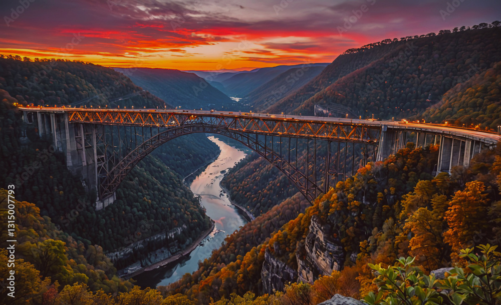 Aufkleber bridge spans a river with a beautiful orange sky in the background. the bridge is illuminated by lig