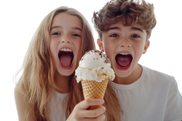 Little boy and girl eating ice cream. transparent cutout, png.