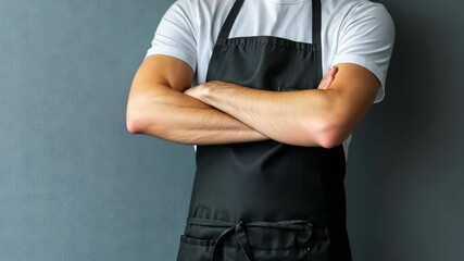 Chef in black apron standing with arms crossed against a gray wall in a culinary setting during daytime