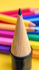Sharpened pencil, colorful background, stationery, close-up shot, education concept