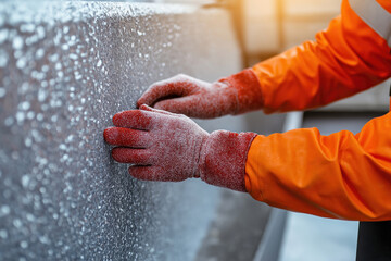 Construction worker inspecting texture of concrete surface in bright daylight
