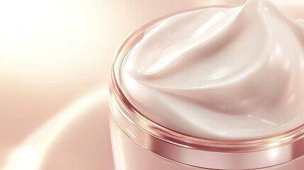 Realistic close-up of a luxurious face cream jar with its creamy texture, soft & pastel-colored background