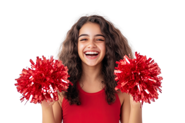 Cheerful young woman with pom-poms isolated on a white background. clipart, png.
