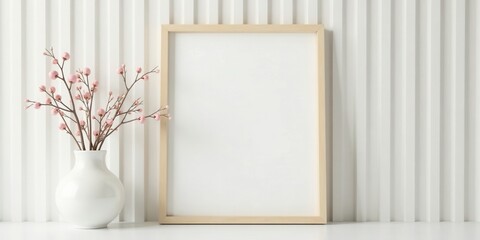 A minimalist home decor scene featuring a light wood frame, a white vase with pink blossoms, and a textured white backdrop.