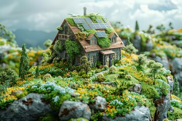 Small house with green roof and garden on top of it, surrounded by lush landscape with flowers and trees. The scene gives off peaceful and serene vibe