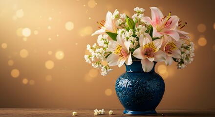 Elegant bouquet of lilies and alstroemeria flowers in a blue vase art pink soft gold life home white