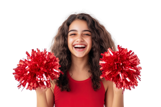 Cheerful young woman with pom-poms isolated on a white background. clipart, png.