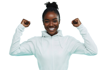 Portrait of happy african american woman showing her muscles on blue background. clipart, png.