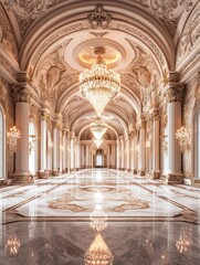 Obraz premium An ornate corridor of marble and gold with chandelier