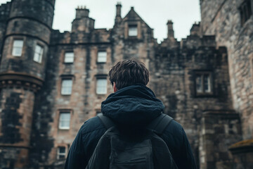 Studio portrait of a European person tourist, against a backdrop of Scottish moors generated with AI