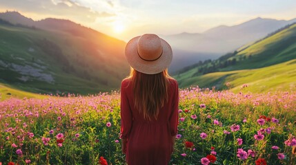 Fototapeta premium Woman Enjoying Beauty of Summer Meadow
