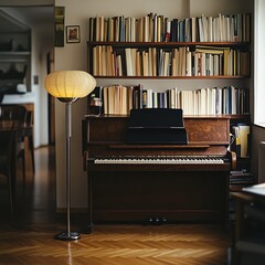 Piano And Library Displayed With Elegant Lighting And Books