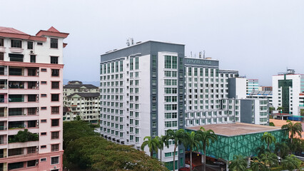 Naklejka premium The Promenade Hotel Stands Tall Amongst Other Buildings with Palm Trees Swaying Below Capturing the Essence of Urban Luxury and Tropical Vibes