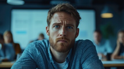Fototapeta premium A focused man with a beard gazes intently during a meeting, surrounded by colleagues in a professional setting.