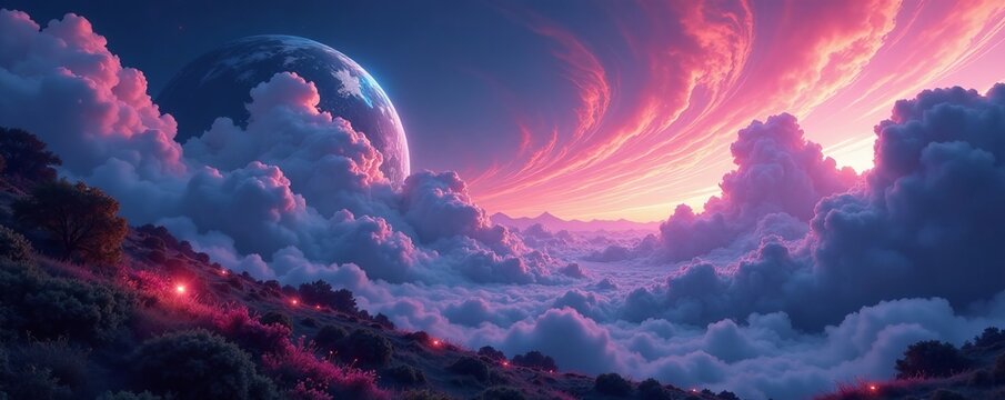 Otherworldly planet with swirling clouds and bioluminescent plants, artificial intelligence, science fiction