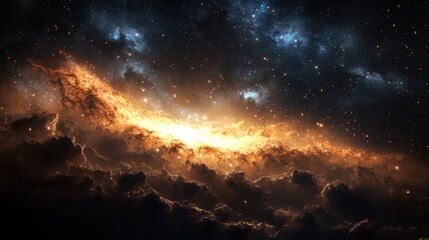 Fototapeta premium Colorful cosmic clouds blend with bright light, creating a breathtaking display in the vastness of space. Stars twinkle against the dark backdrop, showcasing the beauty of the universe