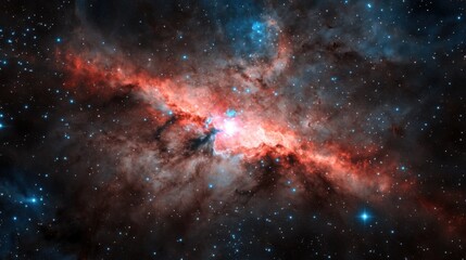 A striking cosmic nebula glows with vibrant hues of red and blue, illustrating the process of stellar formation in a distant galaxy. The intricate details capture the vastness of space
