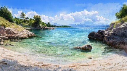 Naklejka premium A tranquil bay features clear turquoise waters lapping against a sandy beach, surrounded by lush greenery and distant mountains under a bright blue sky with fluffy clouds