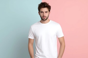 Obraz premium Blank Plain White T-Shirt Mockup Against Colorful Abstract Background – Apparel Branding Template