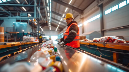 A diligent factory worker meticulously sorts colorful bottles on a conveyor belt in a spacious industrial setting.