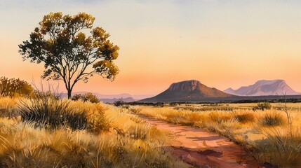 The sun sets over a wide landscape, casting warm colors across the sky and illuminating a solitary tree. A dirt path leads into the serene wilderness, surrounded by golden grass and distant mountains