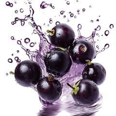 Glossy Blackcurrants with Water Splash Isolated on Transparent Background