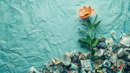 Blooming flower emerges from waste, highlighting resilience and potential for new growth in discarded environments