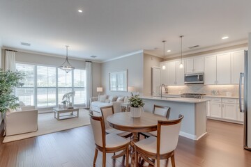A bright, open kitchen and dining area with soft, warm lighting and simple yet elegant d?(C)cor