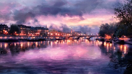 Naklejka premium A serene river captures the hues of sunset, as city lights begin to twinkle along the banks. The skyline features historic buildings silhouetted against a colorful sky