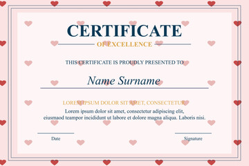 Pink heart-framed certificate of excellence template