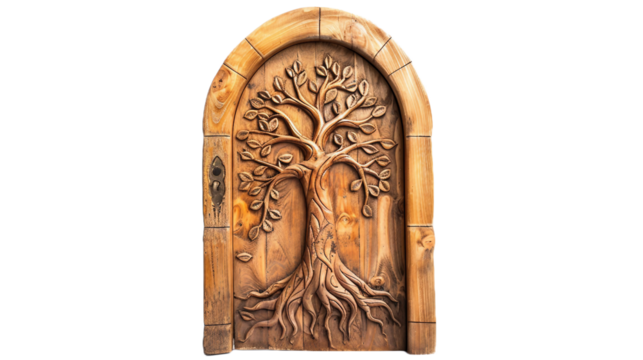 Carved Tree Door on transparent background PNG.