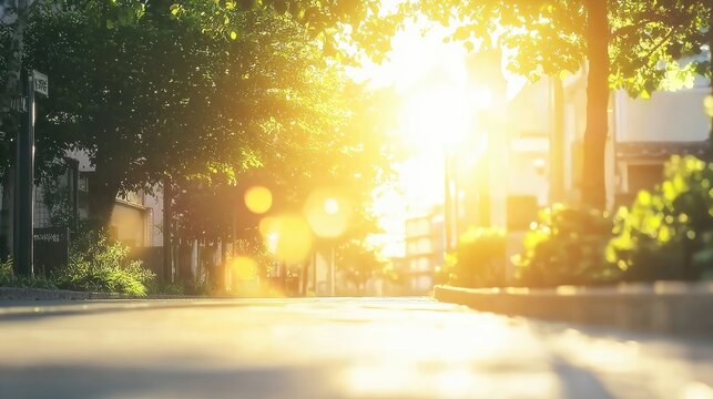 Sunny street, residential area, sunset glow, tranquil scene, ideal for travel blogs