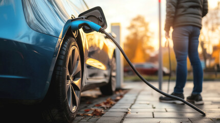 A blue electric car is being charged, signifying modern, sustainable transportation solutions in an urban environment.