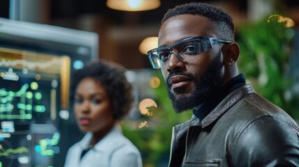 Two young professionals focus intently on data analysis in a contemporary office environment, surrounded by plants and advanced technology, fostering collaboration and innovation