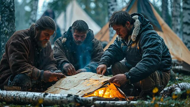 Three skilled Evenki reindeer herders work meticulously on traditional crafts in a serene forest setting. Surrounded by vibrant autumn foliage, they create essential tools for their lifestyle.