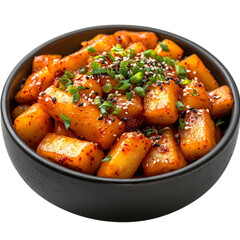 A Bowl of Korean Tteokbokki Spicy Rice Cakes Isolated on Transparent Background