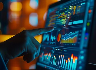 A close-up of an office worker's hand holding and pointing at the screen on their laptop, displaying various charts and graphs showing data analysis in real-time with dynamic motion graphics.