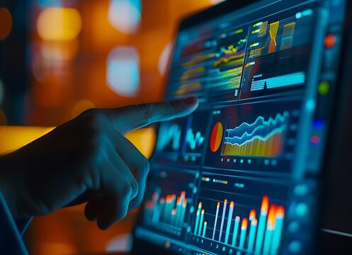 A close-up of an office worker's hand holding and pointing at the screen on their laptop, displaying various charts and graphs showing data analysis in real-time with dynamic motion graphics. 