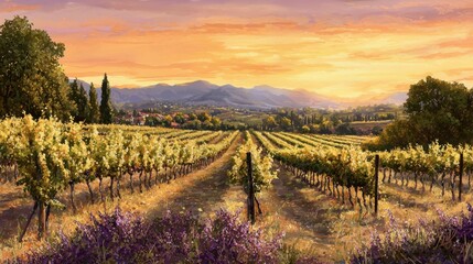 Naklejka premium The landscape captures a vibrant sunset casting golden hues over a lush vineyard. Rows of grapevines stretch towards rolling hills under a colorful sky, with lavender blooming nearby