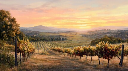 Fototapeta premium Rolling hills covered in lush vineyards stretch across the landscape, bathed in warm hues of a stunning sunset. The peaceful atmosphere invites serenity