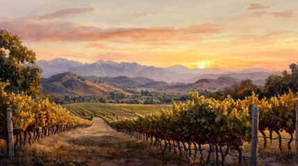 Fototapeta premium Golden light bathes lush grapevines as a breathtaking sunset paints the sky. Rolling hills and distant mountains create a tranquil backdrop for this picturesque vineyard