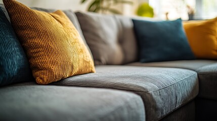 Gray sectional sofa with mustard yellow and teal throw pillows in a living room.